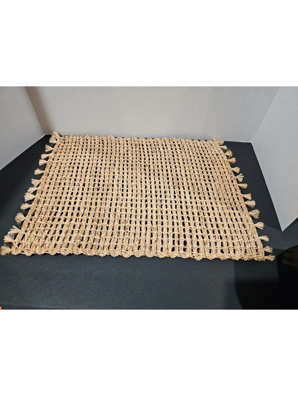 Woven Jute Placemat Accent Rug Tan Excellent Tassel Fringe Boho